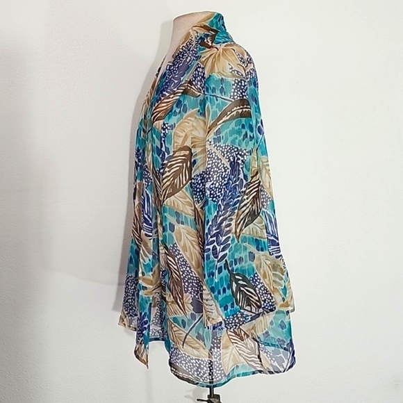 Bon Worth Semi Sheer Tropical Leaf Detail Kimono Aqua Size L - Picture 10 of 12